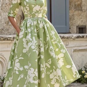 Green Floral Midi Dress with pockets